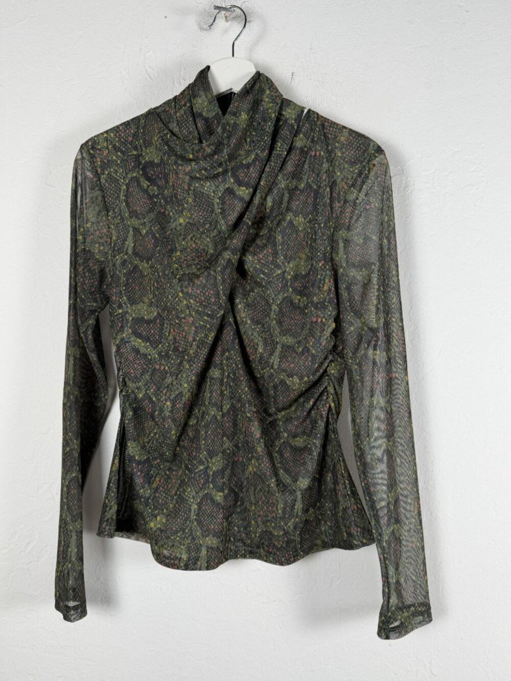 AllSaints Tia Tamora Long Sleeve Mesh Snake Print Top Khaki Green Size 10 New